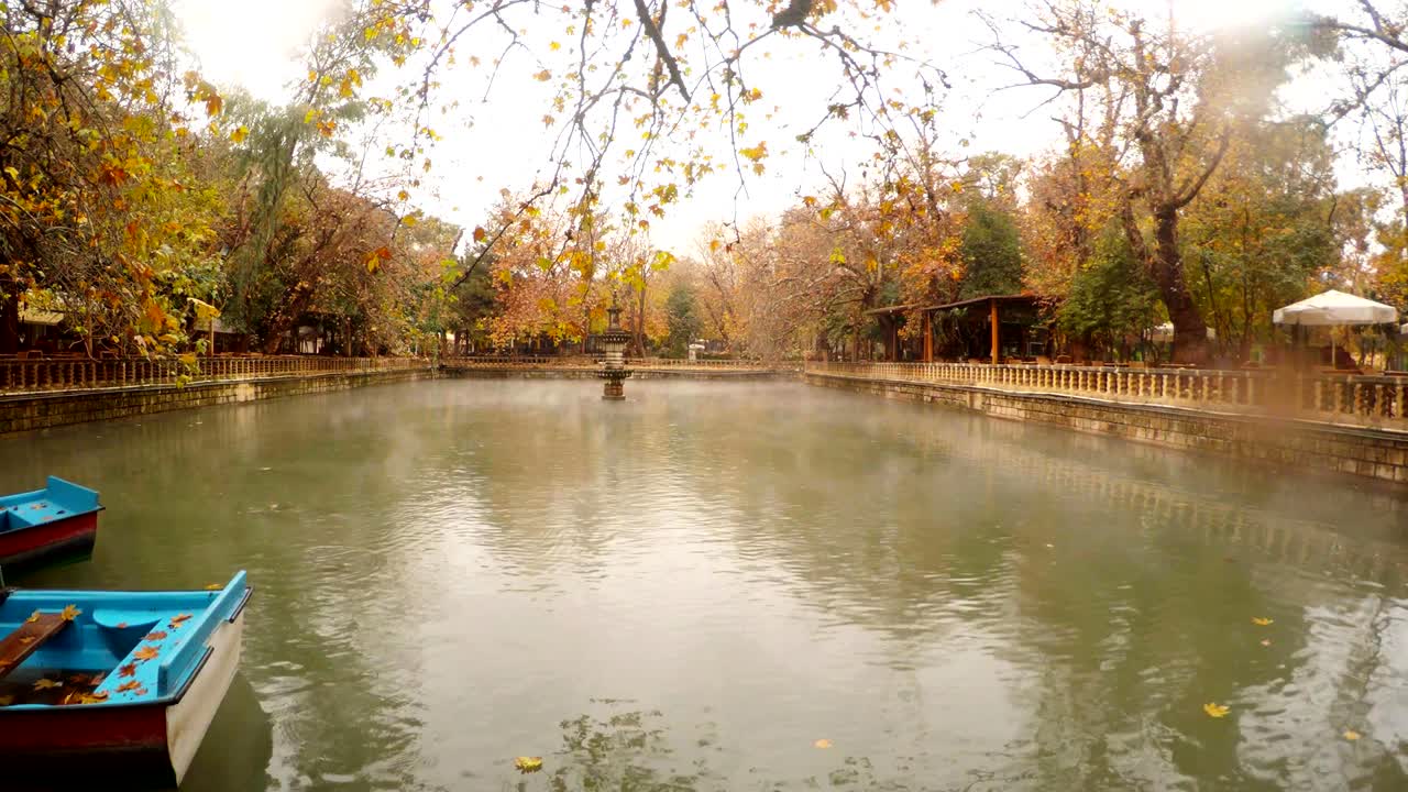 초록색과 노란색 나무를 둘러싼 중심에 분수를 가진 연못 에 안개가 떠다니고 있습니다.