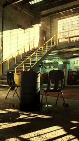 a view of a abandoned industrial building with a staircase in the background