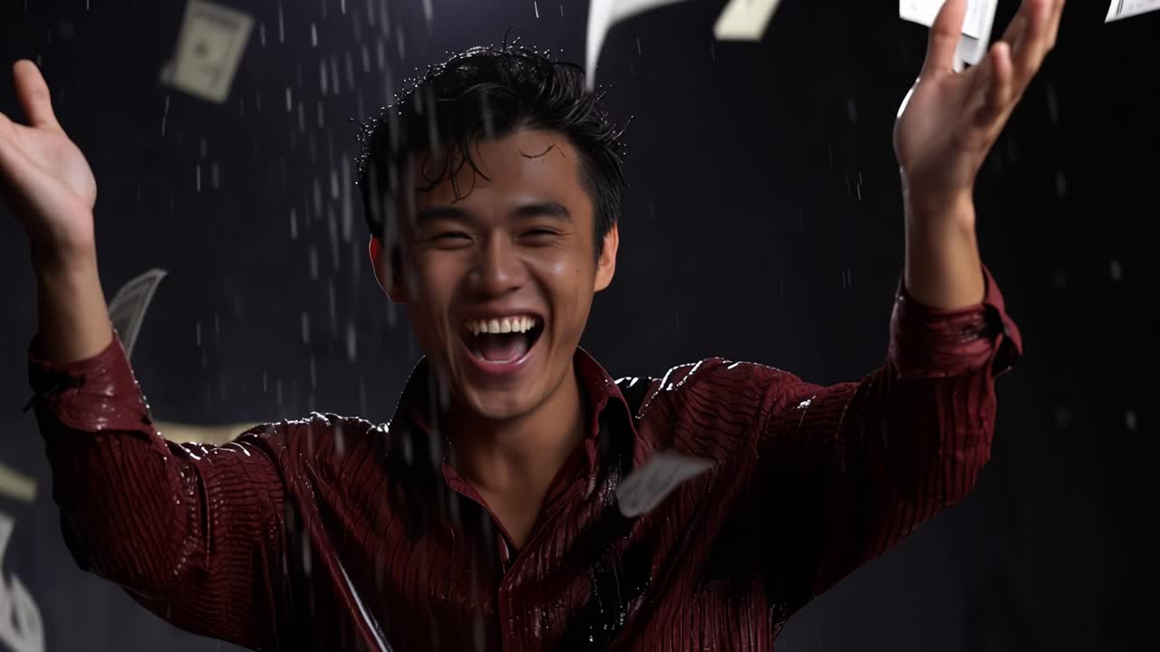 Rain of bills falls around a joyful man. He laughs, arms wide, eyes closed in delight. He wears a red textured shirt, hands open. His expression shows pure euphoria and surprise