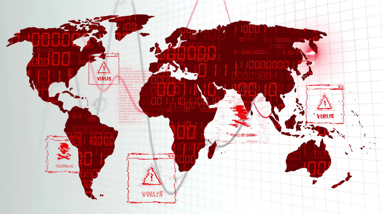 Animation displaying virus and malware alerts on world map with digital data overlay