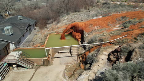 Aerial-View-of-Mystic-Hot-Springs,-Monroe-Utah-USA