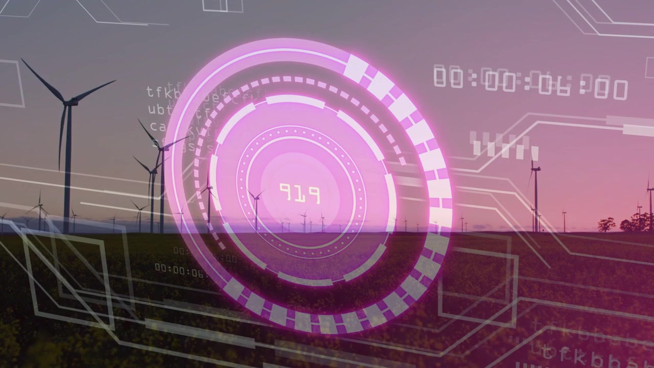 Sunset starting magenta HUD over windfarm, rings rotating, numbers updating monitoring turbines