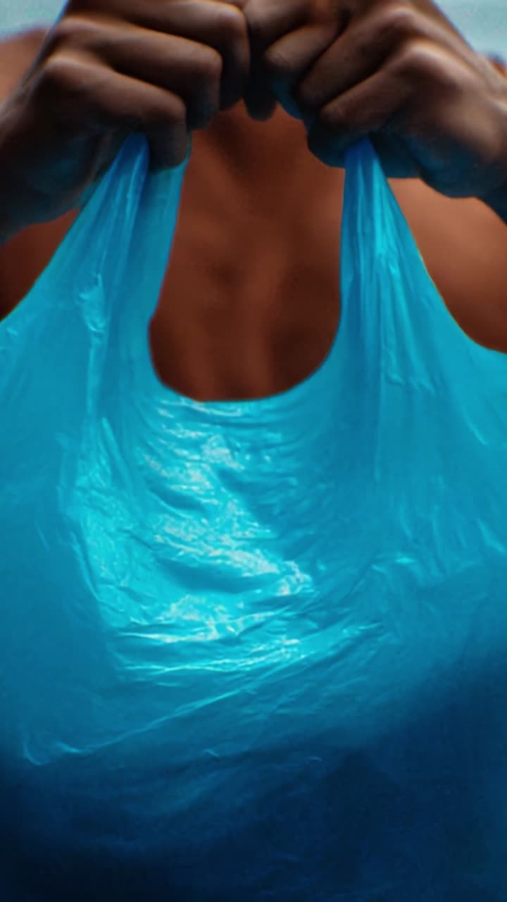 Una rappresentazione ravvicinata di mani che stringono una vivace borsa di plastica blu, che mostra la consistenza e la tensione del materiale in modo drammatico e vivido