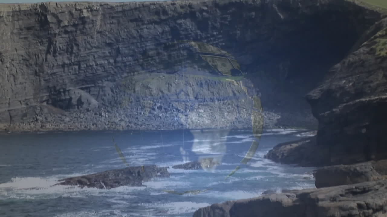Rocky coastal landscape with waves crashing, overlaid with animation of dollar bills
