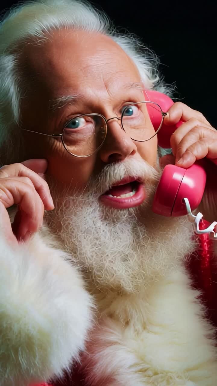 En glad julemand i en fin telefonsamtale, der udstråler glæde og festlighed, mens han bærer sit klassiske røde og hvide outfit, klar til at sprede julestemning og dele morskab med hvert opkald