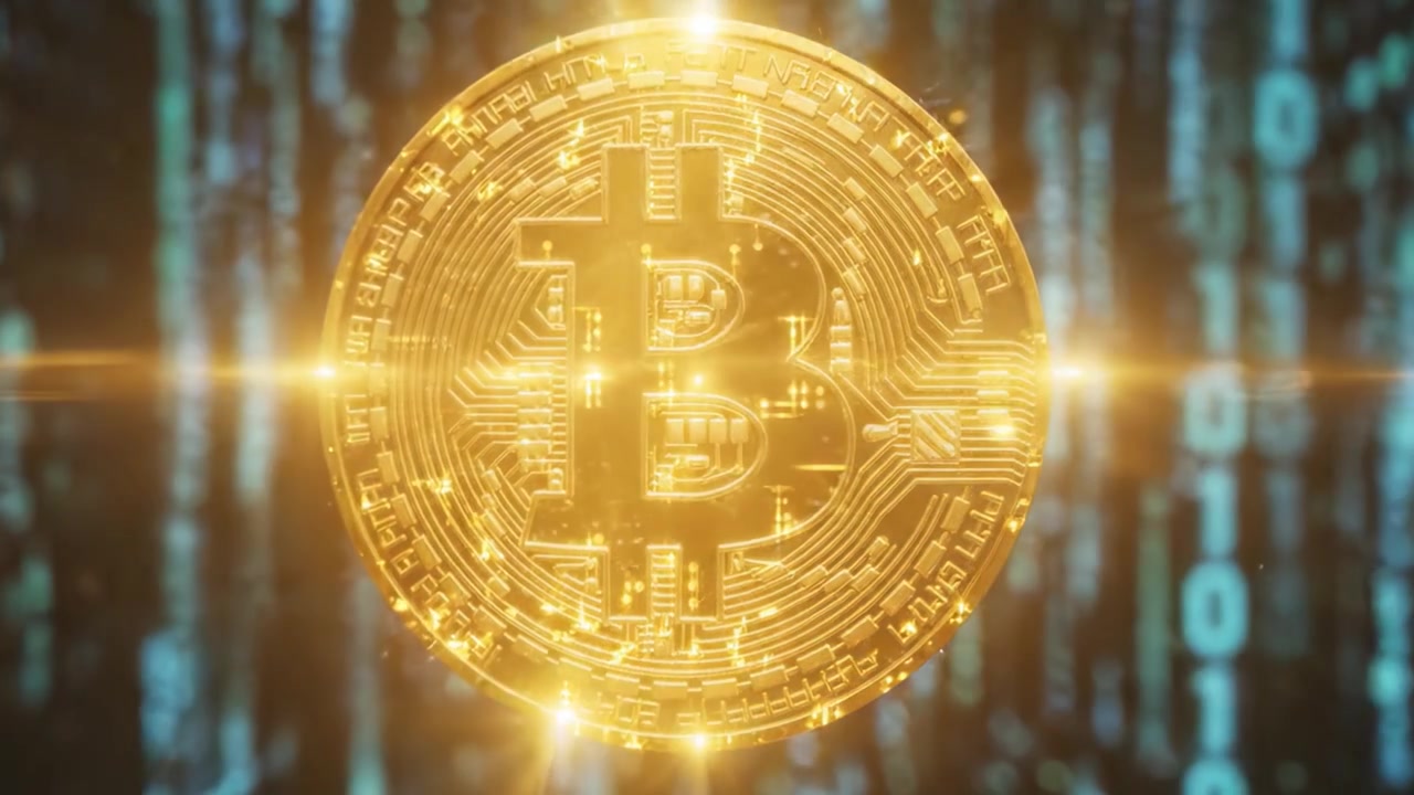 Una straordinaria visualizzazione di criptovaluta con un focus su Bitcoin, circondata da elementi digitali e rappresentazioni di codice binario in un'ambientazione futuristica