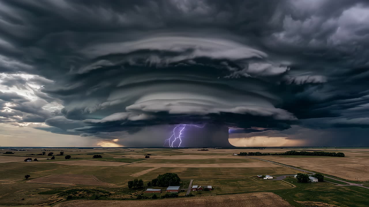 Dramatic Supercell Thunderstorm with Lightning over Rural Fields
