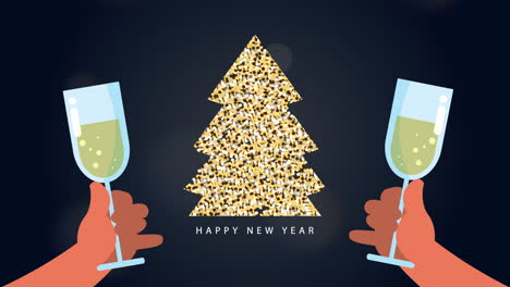 happy new year celebration with champagne and glitter tree