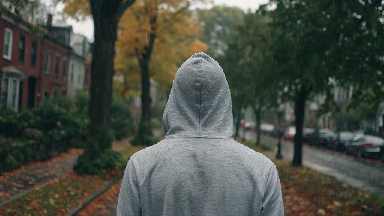 Uma figura solitária vestindo um casaco de moletom cinza caminha por uma rua encharcada pela chuva e ladeada por árvores de outono, personificando uma sensação de introspecção em meio a uma paisagem urbana tranquila.