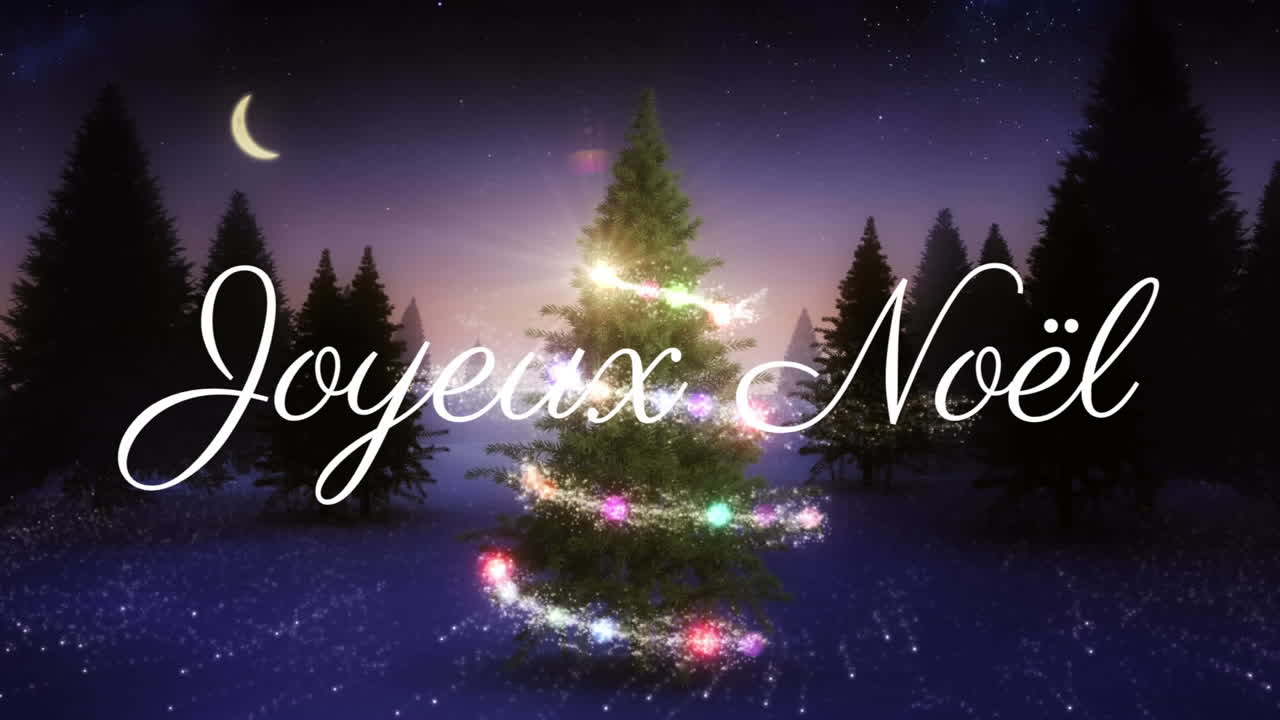 animación del texto de joyeux noel sobre el árbol de navidad y la nieve cayendo sobre el paisaje de invierno