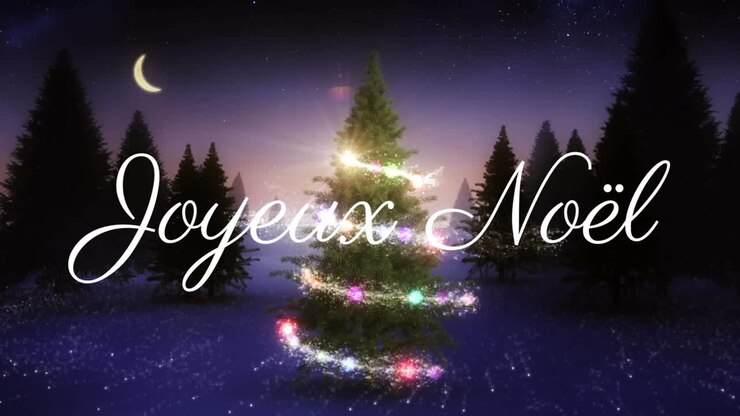 Animation du texte Joyeux Noël sur un sapin de Noël et de la neige qui tombe sur un paysage hivernal