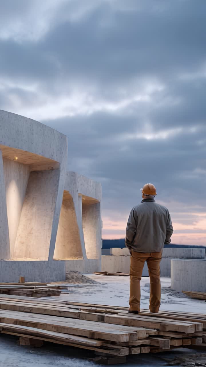 Un trabajador reflexivo observa un diseño arquitectónico moderno al atardecer entre materiales de construcción y cielos nubosos, lo que inspira una reflexión sobre la construcción de espacios futuros.