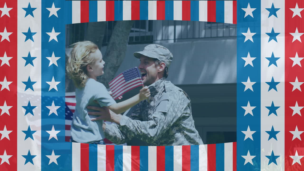 animación del patrón de la bandera estadounidense sobre un niño caucásico corriendo hacia el soldado