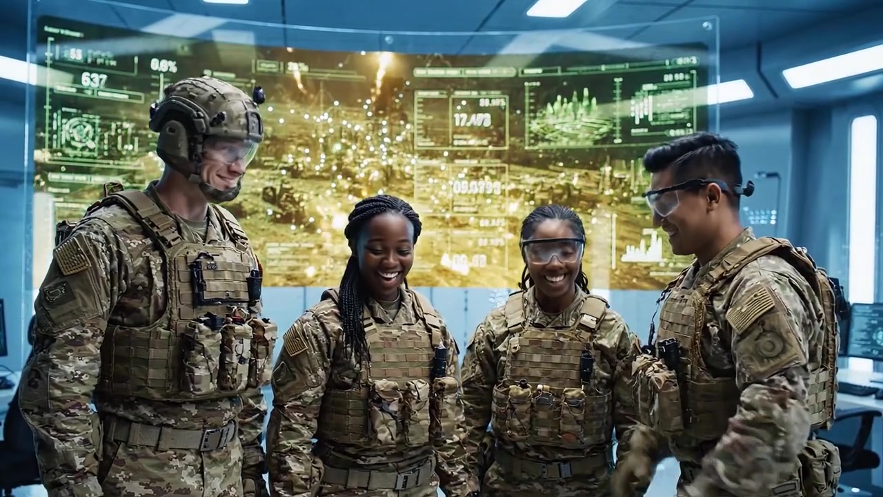 Personale militare impegnato nella pianificazione strategica con tecnologia avanzata in un centro operazioni ad alta tecnologia, promuovendo la collaborazione e le capacità di comunicazione