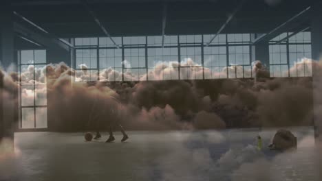 animation of clouds over african american male basketball players playing