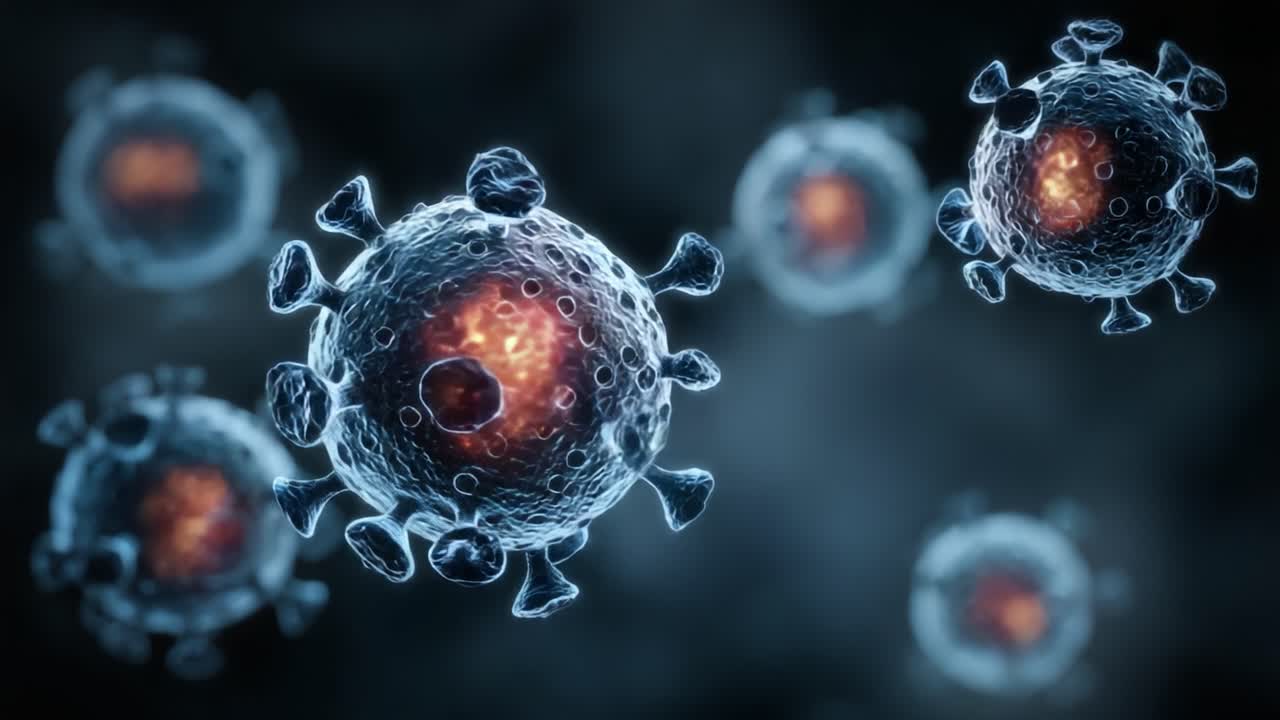 Microscopic Visualization of Viruses Capturing Cellular Structures and Interactions in a Dark Background, Highlighting Scientific Research and Discovery