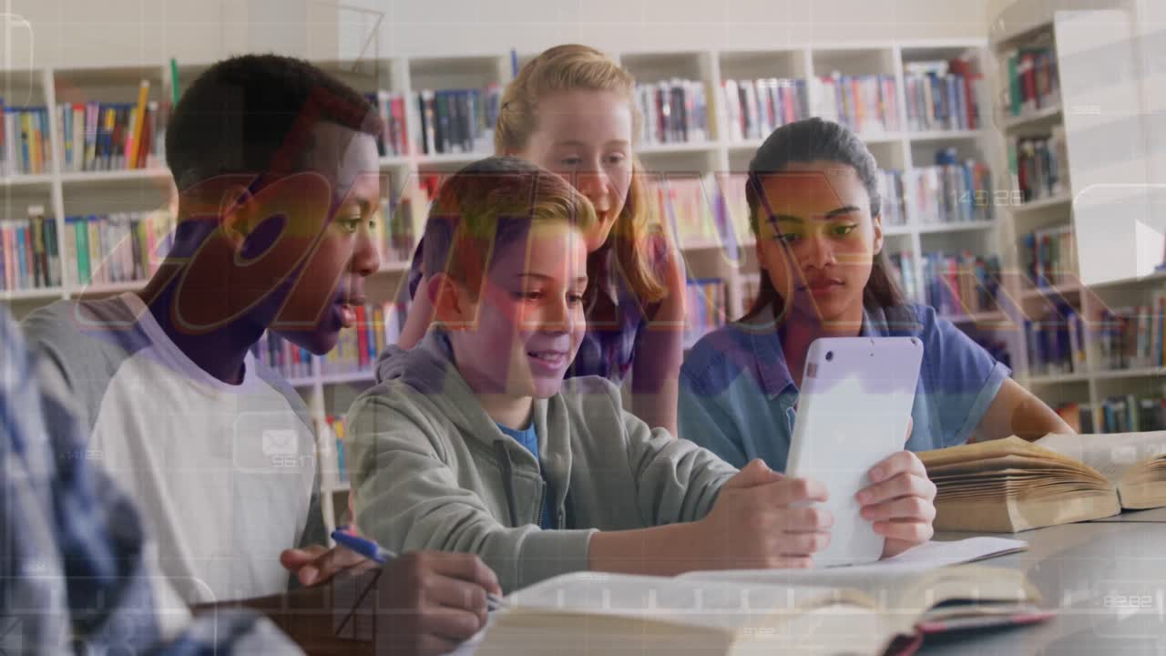 Animation of continue text over diverse students using tablet