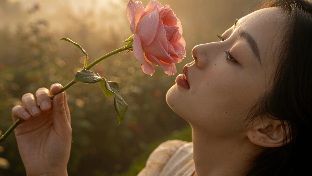Donna asiatica che inala il profumo di rosa rugiadosa vicino al naso in un giardino illuminato dal sole, con una camicetta chiara, spazio per il testo.