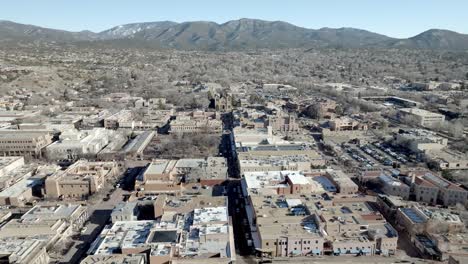 downtown santa fe, new mexico with drone video wide shot moving sideways