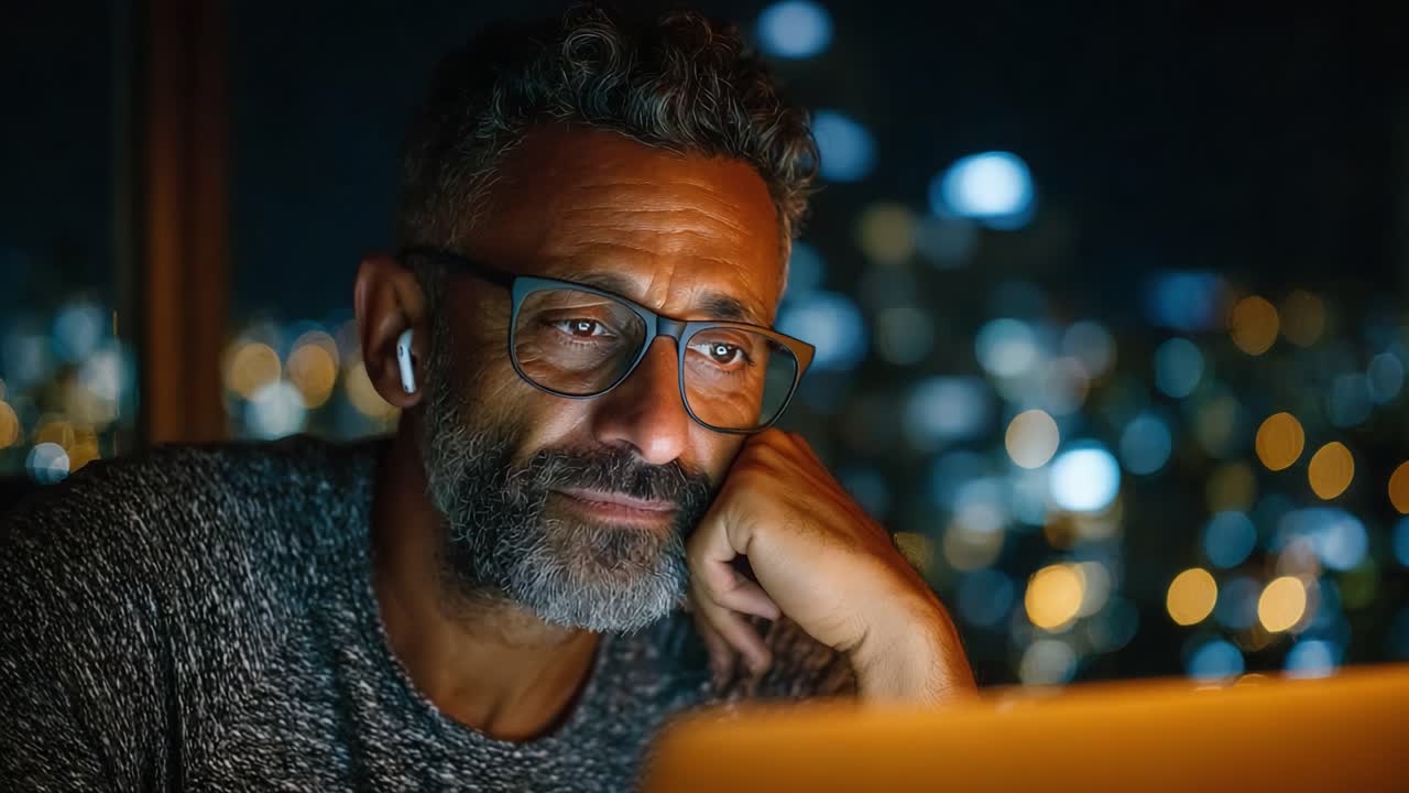 A Contemplative Evening: A Middle-Aged Man Engrossed in Thought While Using His Laptop in a Cozy Atmosphere with City Lights Glimmering in the Background