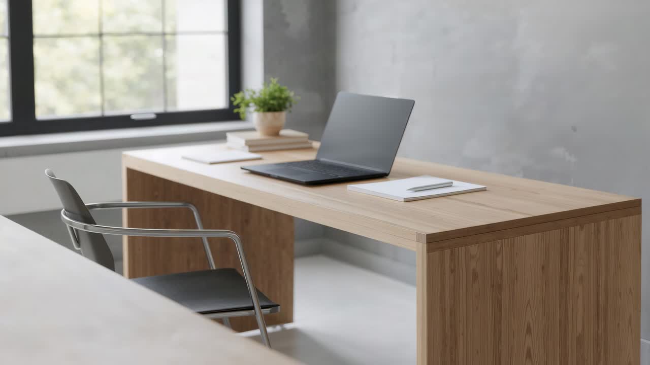 Camera in movimento che rivela una scrivania in legno, un laptop scuro aperto accanto a una finestra multi-pannello per mostrare lo schermo