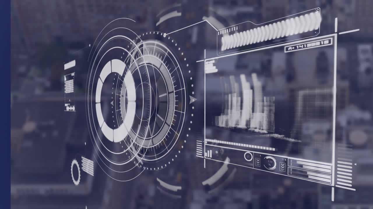 animación del escáner redondo y la interfaz con el procesamiento de datos frente a la vista aérea del paisaje urbano.