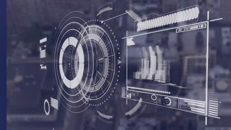 Animación-Del-Escáner-Redondo-E-Interfaz-Con-Procesamiento-De-Datos-Frente-A-La-Vista-Aérea-Del-Paisaje-Urbano