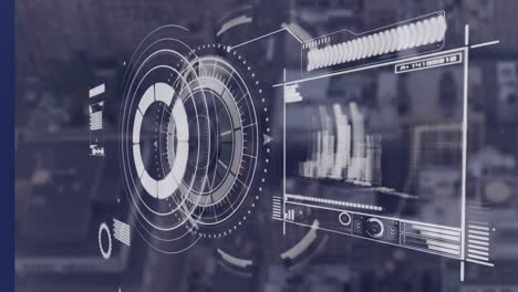 Animation of round scanner and interface with data processing against aerial view of cityscape