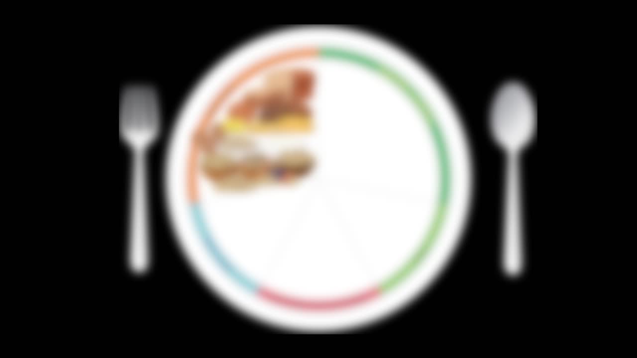 Colorful animation illustrates major food groups filling a segmented plate, highlighting grains, vegetables, fruits, proteins, and dairy with smooth transitions and clear visuals