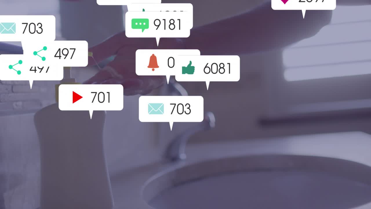 손으로 비누 펌프를 누르고 아이콘 클러스터링으로 소셜 미디어 마케팅 참여를 보여주는 모습