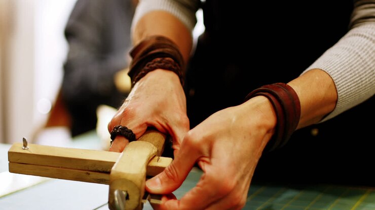 Mid-section of craftswoman preparing leather belt