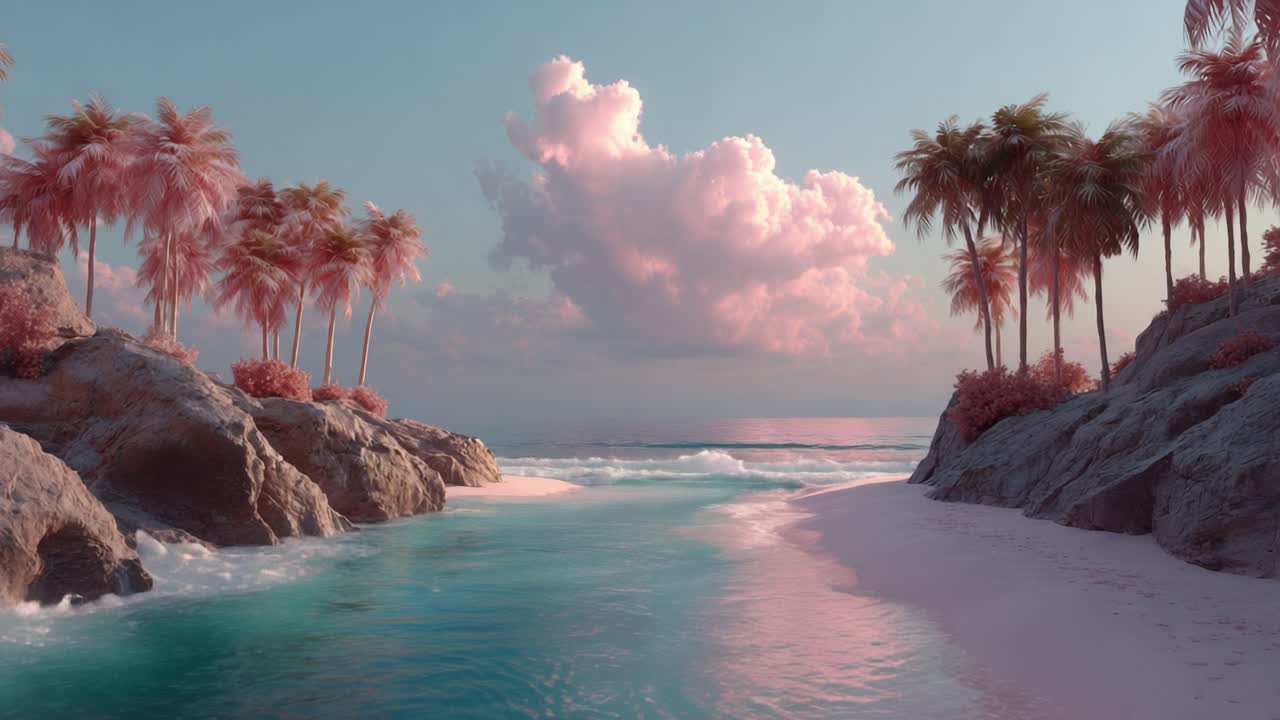 Un sereno paradiso tropicale caratterizzato da lussureggianti palme, soffici nuvole rosa e acque tranquille che invitano alla calma e al relax in un paesaggio da sogno