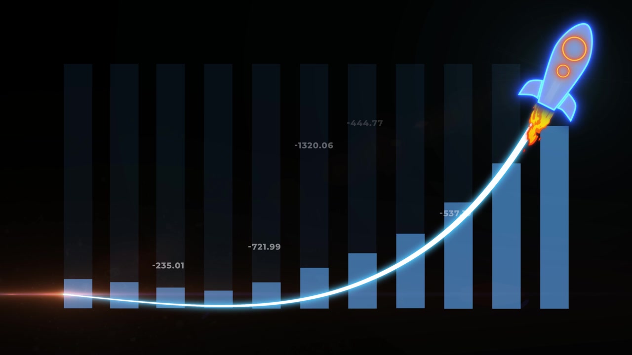 Motion graphic animation of rising chart with rocket symbolizing business growth and success on black background. Alpha channel included