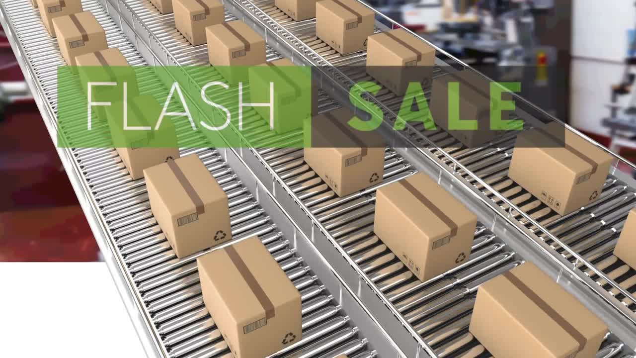 컨베이어 벨트에 있는 카드보드 상자 위에 있는 플래시 판매 텍스트의 애니메이션