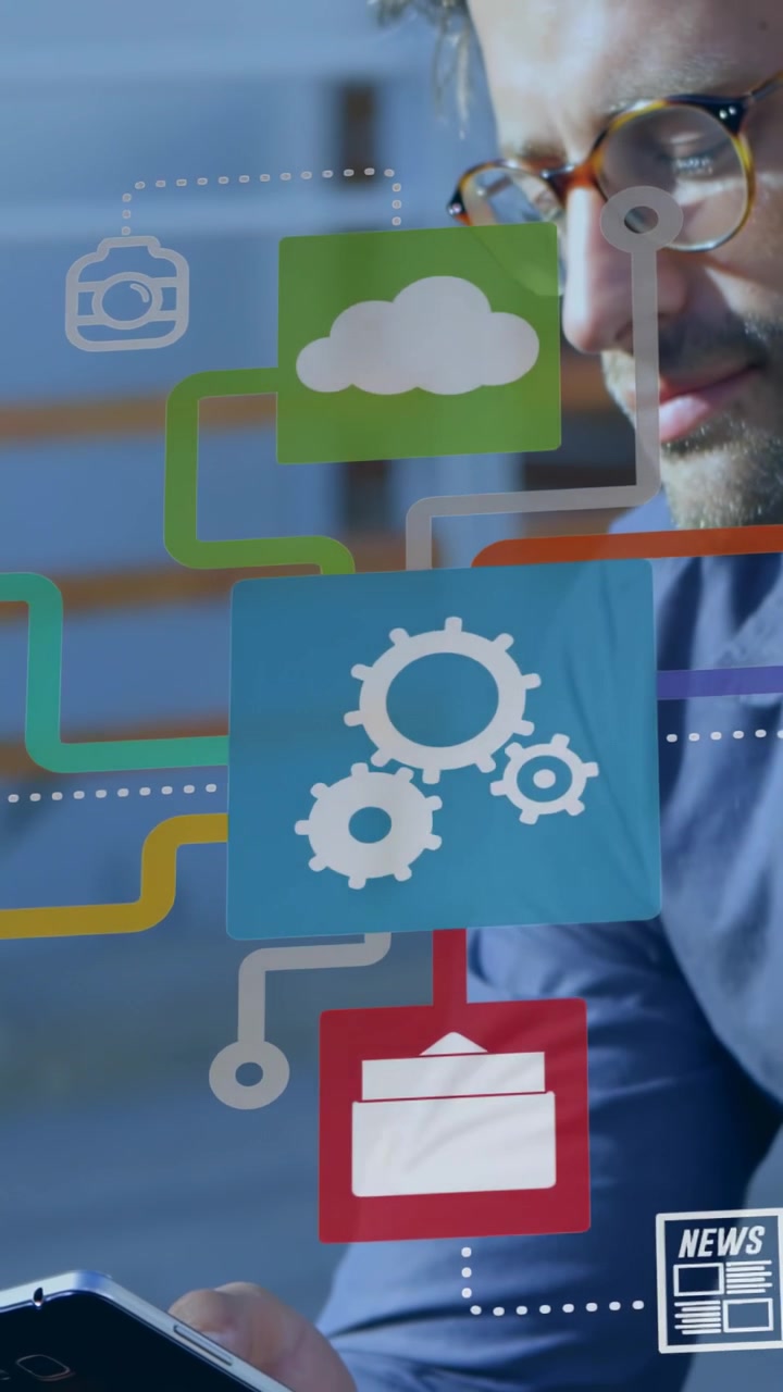 Vertical video: Man tapping phone on bench, activating technology apps with gears cloud mail lines