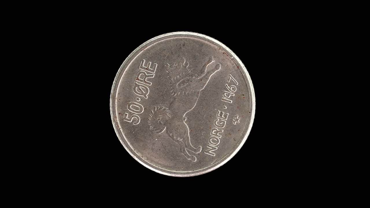 Norway 1967 50 øre coin reverse with Norwegian elkhound and denomination rotating on black background