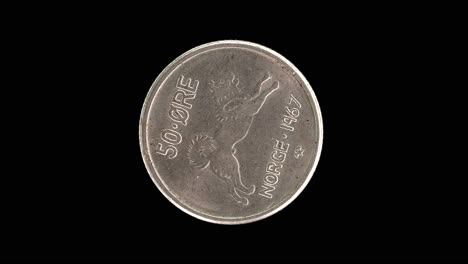norway 1967 50 øre coin reverse with norwegian elkhound and denomination rotating on black background