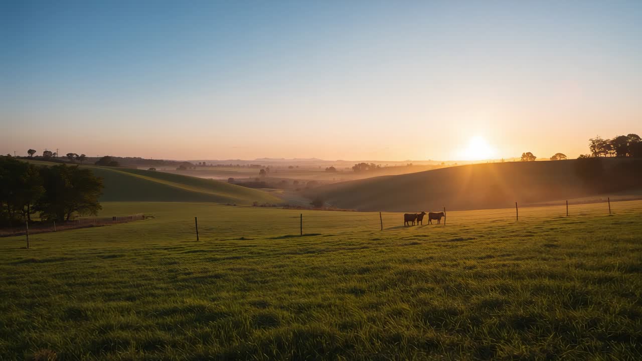 Sol nascendo e banhando gado escuro pastando perto de cerca de arame em pasto rural, névoa diminuindo, espaço para texto