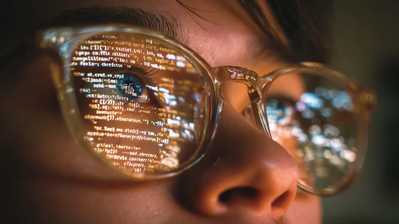 A Close-Up View of a Person's Eyes Behind Glasses, Reflecting Complex Code, Showing the Intricacies of Technology and Modern Programming in Focus
