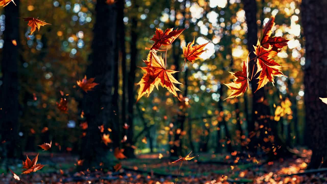 A cinematic video captures autumn leaves falling in a sunlit forest