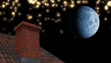 animation of winter christmas scenery with chimney, snow falling and moon