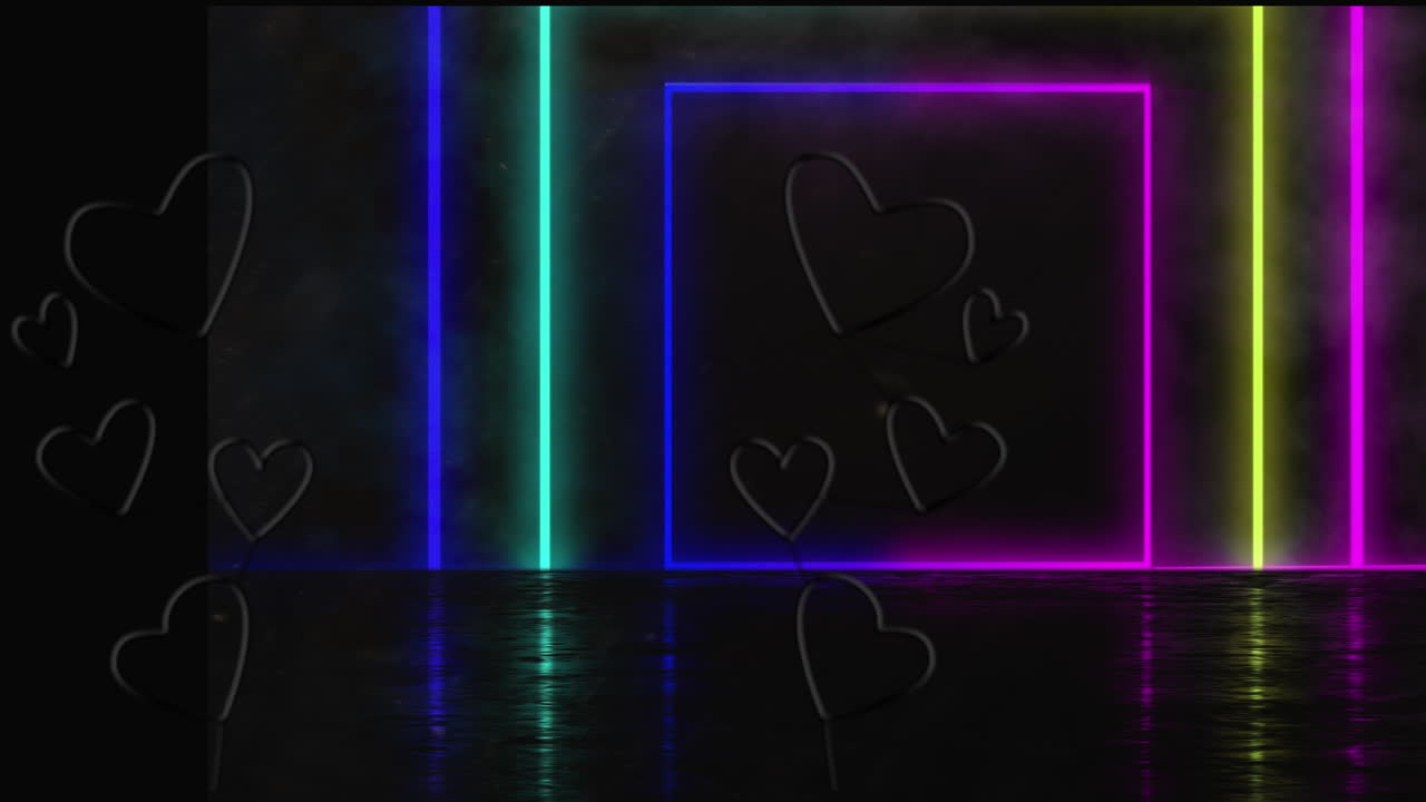 검은 바탕에 네온 사각형 위에 심장의 애니메이션