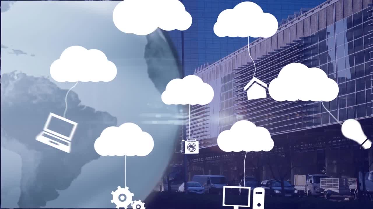 animación de nubes digitales, giro del globo y red de conexiones sobre el paisaje urbano