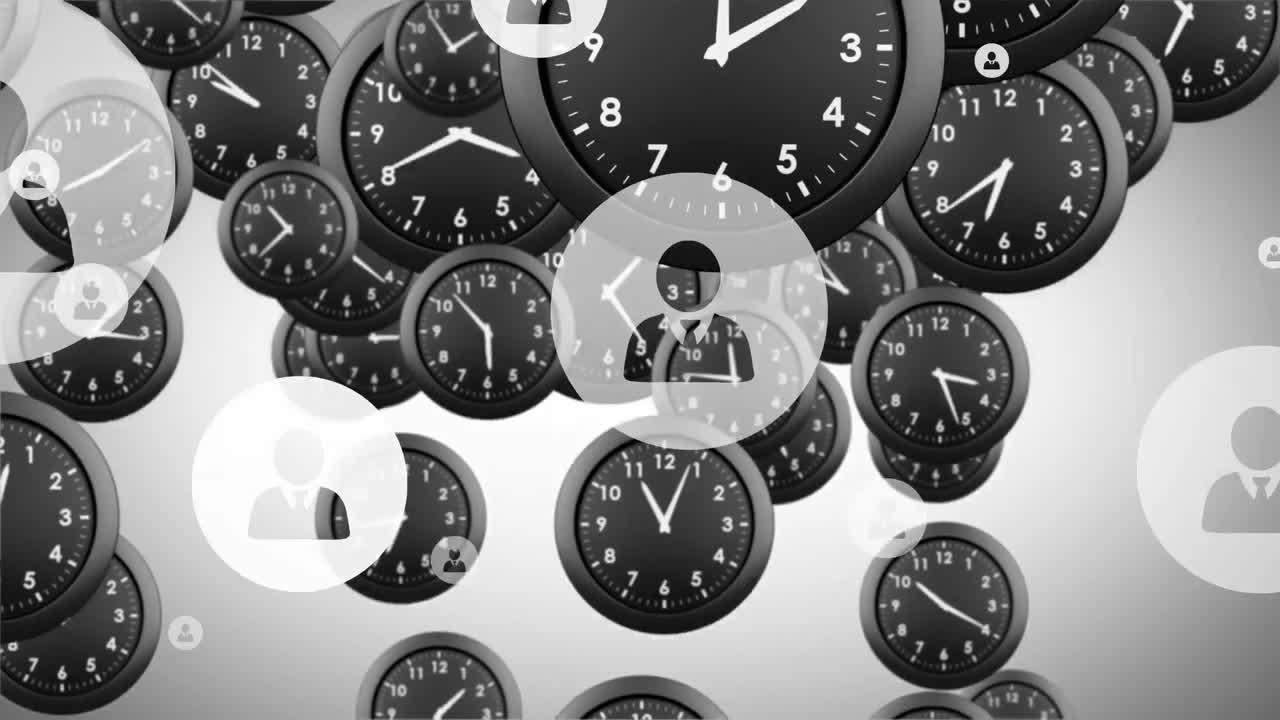 추상적인 배경에 검은색 떨어지는 시계 위에 루프 프로파일 아이콘의 애니메이션