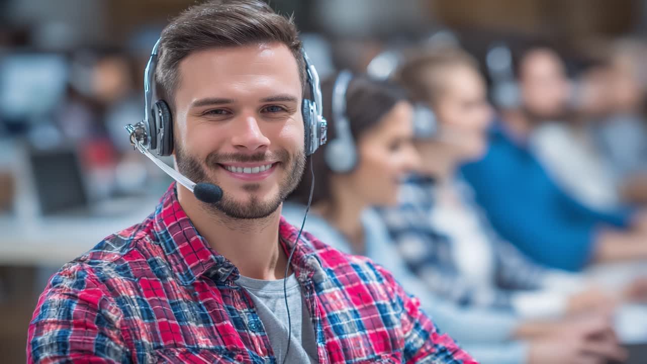 Cheerful Customer Support Agent Engaging with Clients in a Call Center Environment, Highlighting Professionalism and Communication Skills in a Team Setting
