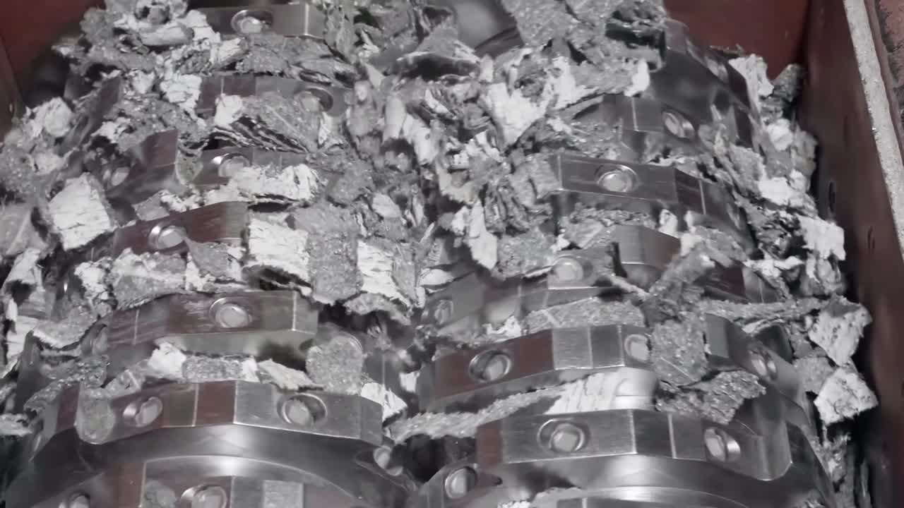 Close-up of Industrial Shredder: Tearing, Shredding Waste Material with Metal Blades for Powerful Destruction.