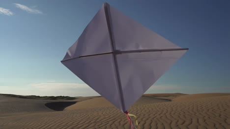 white kite flying over sand dunes