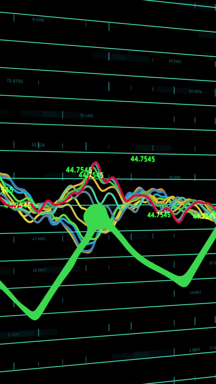 Animation of shapes over financial data processing on black background