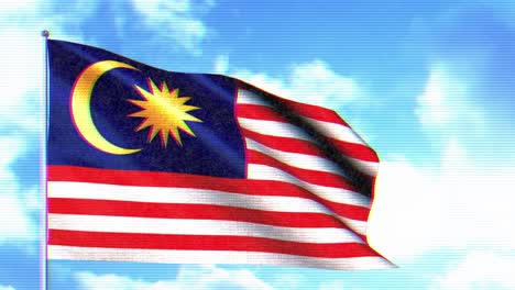 agitando la bandera de malasia contra un cielo azul con nubes