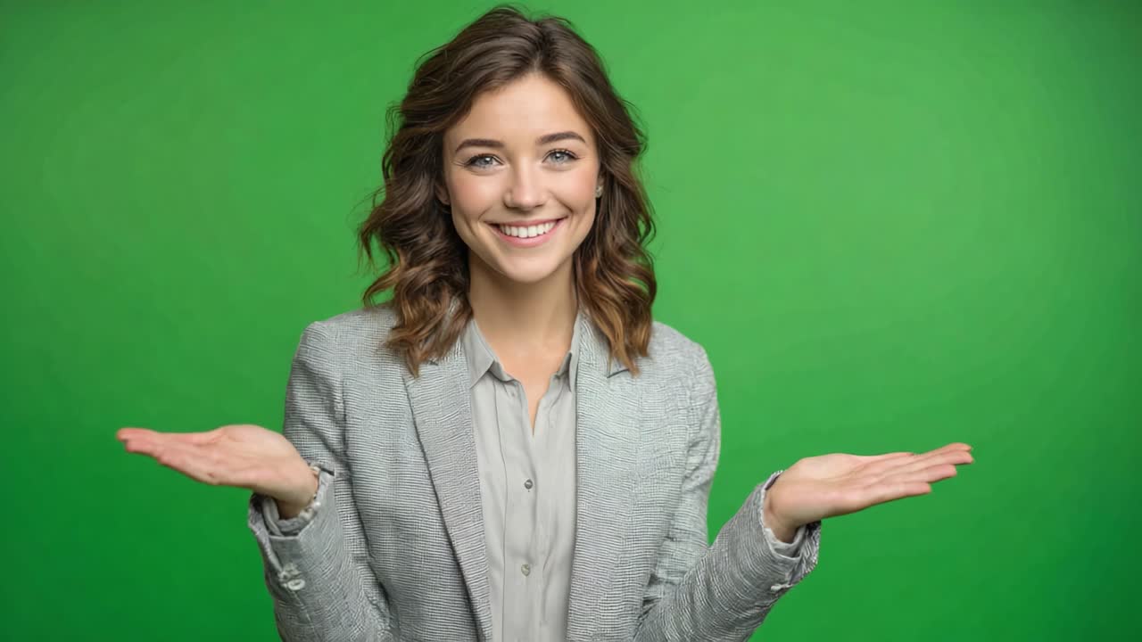 A Cheerful Young Woman Gestures with Open Palms Against a Vibrant Green Background, Showcasing Confidence and Warmth in Her Expressive Presentation